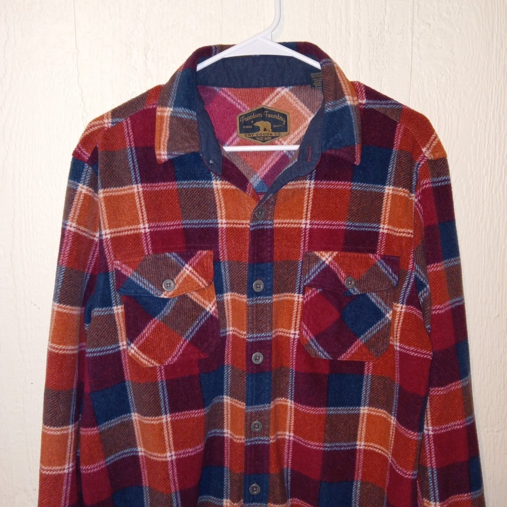Freedom Foundry Flannel Shirt Mens M Red Orange Navy Plaid Fleece